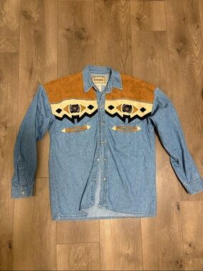 Vintage Southwestern Denim Western Shirt with Suede Yoke